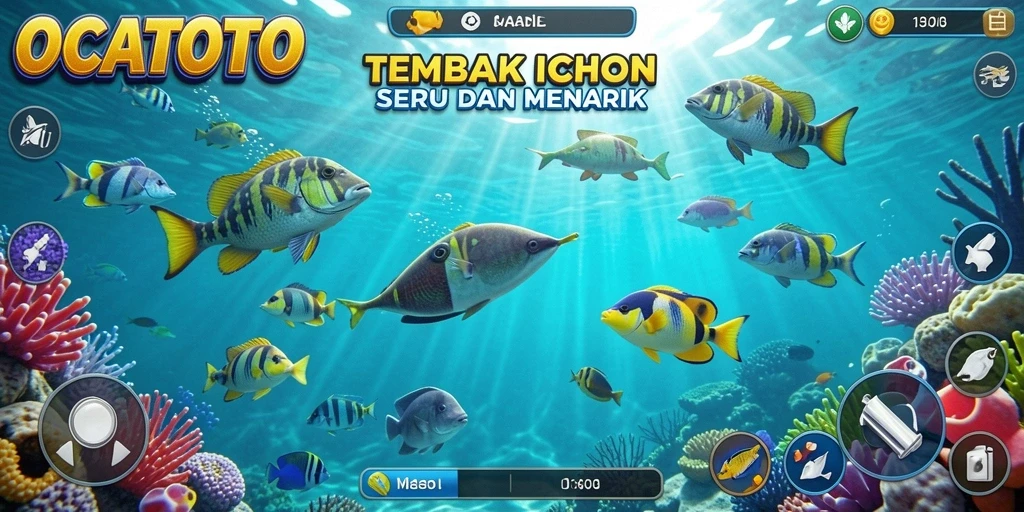 Screenshot OCATOTO menampilkan aksi seru menembak ikan.
