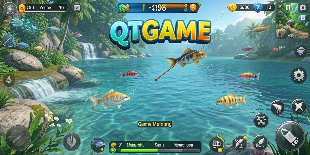 Menampilkan gameplay menarik dalam QTGAME saat memancing ikan.