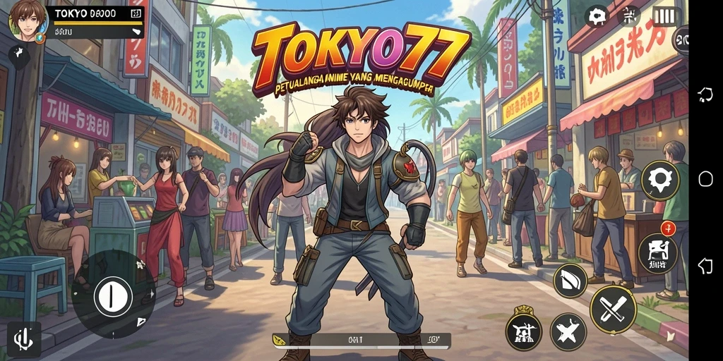 Screenshot gameplay TOKYO77 menampilkan karakter animasi yang epik dan aksi seru.